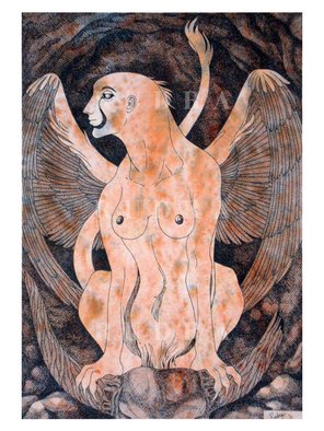 Rudra Kishore Mandal; The Sphinx, 2011, Original Drawing Pen, 9.7 x 13.7 inches. Artwork description: 241  A contemporary representation of the mythical creature, Sphinx, which symbolizes spiritual mystery, guardian of the threshold and control - Pen drawing on paper with water color wash. ...