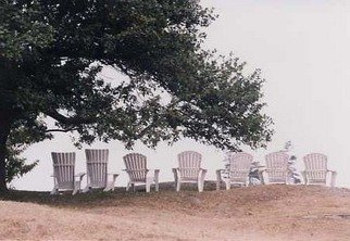 Ruth Zachary, 'End Of Day', 2000, original Photography Color, 14 x 11  x 1 inches. Artwork description: 3099  Adirondack chairs all in a row under the boughs of an old tree.  Empty now as dusk approaches.  Monhegan Island, Maine on the lawn of the Monhegan House. 11 x 14