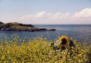 Ruth Zachary; Sunflower Summer, 2012, Original Photography Color, 10 x 8 inches. Artwork description: 241 Recently someone remared- - boy that sunflower has personality! Sunflower above a bed of yellow mustard ( I think) , backed by blue sea, sky and billowy clouds. Monhegan Island, Maine.  Larger size available ( 11 x 14, $98) . ...