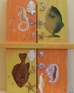 Sabrina Bianco; Marina, 2011, Original Assemblage, 50 x 80 cm. Artwork description: 241  Fishes and sea- shells painted with applications of clad forms ...