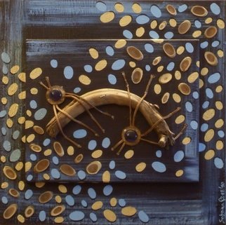 Sabrina Bianco; Predatori, 2010, Original Painting Acrylic, 40 x 40 cm. Artwork description: 241  Figurative composition with woods, leather strips and glass pearls. The leather- insects attacking the wooden caterpillars, while angry ants are approaching. ...