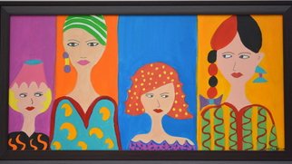 Sakshi Talwar; Mysterious Murder, 2016, Original Painting Acrylic, 21 x 40 inches. Artwork description: 241 Each of the four women is accusing one another of a mysterious murder that took place on January 1st, 2012 in Pasadena, California in the wee hours of the morning. Playing blame game would not be a probable solution and Diana  2nd from Left  is severely guilty ...