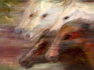 Sally Arroyo; The Race , 2015, Original Painting Oil, 24 x 20 inches. Artwork description: 241  Lead horses running wind in their faces covered by a veiled view. Oil on canvas, Signed by artist Size 24X20. Framed colors muted  ...