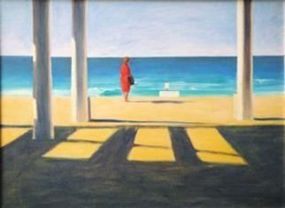 Yoli Salmona; Suzy At Maroubra Beach, 1992, Original Painting Oil, 50 x 38 cm. Artwork description: 241  A winter day at the beach, and a red dress ...