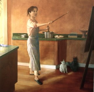 Yoli Salmona;  All Hands Taken Somethin..., 2004, Original Painting Oil, 102 x 102 cm. Artwork description: 241  A woman' s task. . . This is a self portrait of my daily life, inspired by a small sketch by an unknown Australian artist.My grey cat wouldn' t stay in place, each time I stepped away to photograph her, she followed me. . . So I painted ...