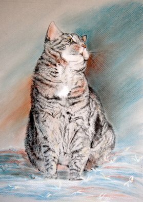 Sallyann Mickel; Puffy, 2008, Original Pastel, 16 x 20 inches. Artwork description: 241  Pastel and pen and ink rendering of a gray domestic short- haired cat sitting on a quilt. ...