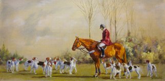 Sallyann Mickel; Their Masters Voice, 2006, Original Painting Oil, 24 x 12 inches. Artwork description: 241  Oil painting of the foxhunting Master of Hounds with his pack. ...