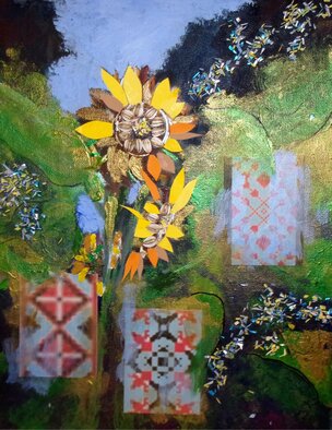 Sallyann Mickel; Sunflower Collage, 2023, Original Collage, 11 x 14 inches. Artwork description: 241 A semi abstract collage of sunflower blossoms...