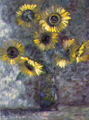 Sallyann Mickel; Sunflowers, 2023, Original Painting Oil, 11 x 14 inches. Artwork description: 241 Moody painting of sunflower Blossoms...