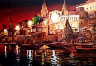 Samiran Sarkar; Silent Night Ghats, 2021, Original Painting Acrylic, 43 x 30 inches. Artwork description: 241 Silent Night Ghats at Varanasi is Acrylic on Canvas painting. Beauty of Silent Night Ghats environment of Varanasi. Night Lights , Beauty of Night Architectures , Boats , Temples and Night light reflections on Holy Ganges water river are main composition of this painting. ...