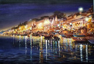 Samiran Sarkar; Varanasi Night, 2021, Original Painting Acrylic, 43 x 30 inches. Artwork description: 241 Varanasi at Night IV is a beauty of Night light reflection on Ganges river.  One of the spectacular night atmosphere in Varanasi Ghats.  Acrylic on canvas painting. ...