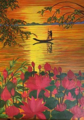 Sandra Tingalay; Rising Sun And Lake Placid Ii, 2021, Original Painting Acrylic, 36 x 48 inches. Artwork description: 241 I like the scenery from Lake Placid, Inn Lay, Myanmar.I value their traditional fishing style and leg rowing.I love their fishing boats.I amaze their ridges of mountains.I mesmerize the naturally- grown flowers, trees, and water lilies etc.The combination of all these valuable ...