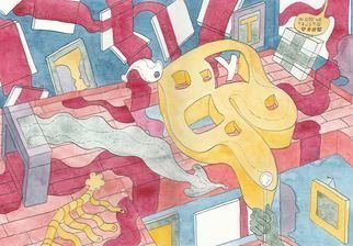 Sandro Cocco; In God We Trust, 2017, Original Watercolor, 40 x 30 cm. Artwork description: 241 This work I see as a cristallisation and at the same time a merge between my Amorphous world and my Imaginary Rooms. ...