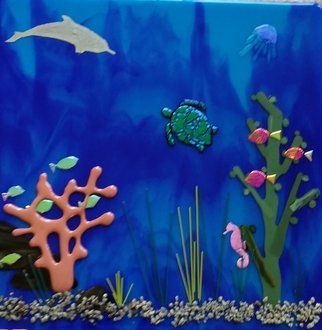 Sandy Feder; Dolphin Deep Blue Sea, 2018, Original Glass Fused, 19 x 19 inches. Artwork description: 241 This underwater scene has a royal blue and turquoise ocean.  On it are seaweed, coral, a dolphin, fish, turtle, and seahorse. Dichroic glass is used in the piece and the surface is NOT flat.  It hangs on a wall. ...