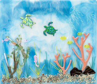 Sandy Feder; Turquoise Ocean, 2018, Original Glass Fused, 24 x 16 inches. Artwork description: 241 This wall art glass has a turquoise ocean and seaweed and coral.  There are 2 turtles,  a seahorse and fish.  It hangs on a wall.  The glass includes dichroic glass. The surface is not flat. ...
