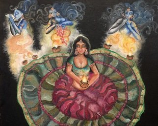 Sangeetha Bansal, 'Praying With Spirits', 2016, original Painting Oil, 20 x 16  x 1 inches. Artwork description: 1911 Original oil painting of a woman praying. She is calling upon the spirits, that come forth from the lamps, to guide her. They are blessing her, showering petals and blowing on conch shells to purify the atmosphere. She is mediating with a lamp in her hands, to ...