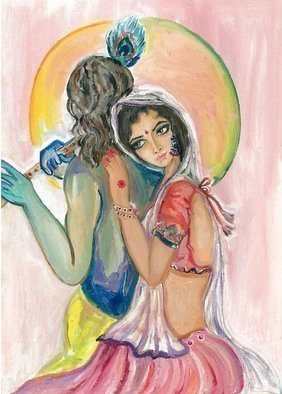 Sangeetha Bansal, 'Radha And Krishna', 2013, original Painting Oil, 12 x 16  inches. Artwork description: 3099  Oil painting of Radha and krishna depicting divine love. Radha is leaning on Krishna who has his back towards her and is playing his flute. He has the traditional peacock feather on his head. Radha is wearing colorful clothes and jewelry. The painting is made on a ...