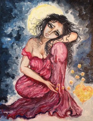 Sangeetha Bansal, 'Love Illusion ', 2016, original Painting Oil, 12 x 16  x 1 inches. Artwork description: 1911 Original oil painting of a woman trying to catch love which is nothing but a play of light. Love is an illusion as elusive as the moon evading my heart and taking pieces of it away into the night skies of sorrow. . . ...