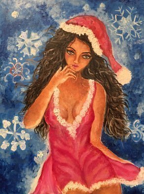 Sangeetha Bansal, 'Naughty Or Nice', 2016, original Painting Oil, 12 x 16  x 1 inches. Artwork description: 1911 Original oil painting of a woman ready for christmas. She is dressed as santa and is striking a fun pose. She may be naughty or nice. . . one never knows. . . woman, santa, festive, naughty, nice, christmas, snow, fun...
