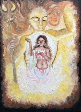 Sangeetha Bansal, 'Sun Moon Universe In Harmony', 2016, original Painting Oil, 12 x 16  x 1 inches. Artwork description: 1911  complete sync with each other. The moon is a reflection of the sun and she is essentially a part of him. She is cool and calm while he burns bright and is fiery. She feeds off him. They both are totally in harmony with the universe and ...