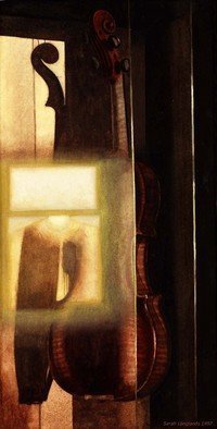 Sarah Longlands, 'Sunset', 1997, original Watercolor, 35 x 60  inches. Artwork description: 2448 Violin hanging in the repairers showroom. The sun is lowering towards sunset. ...