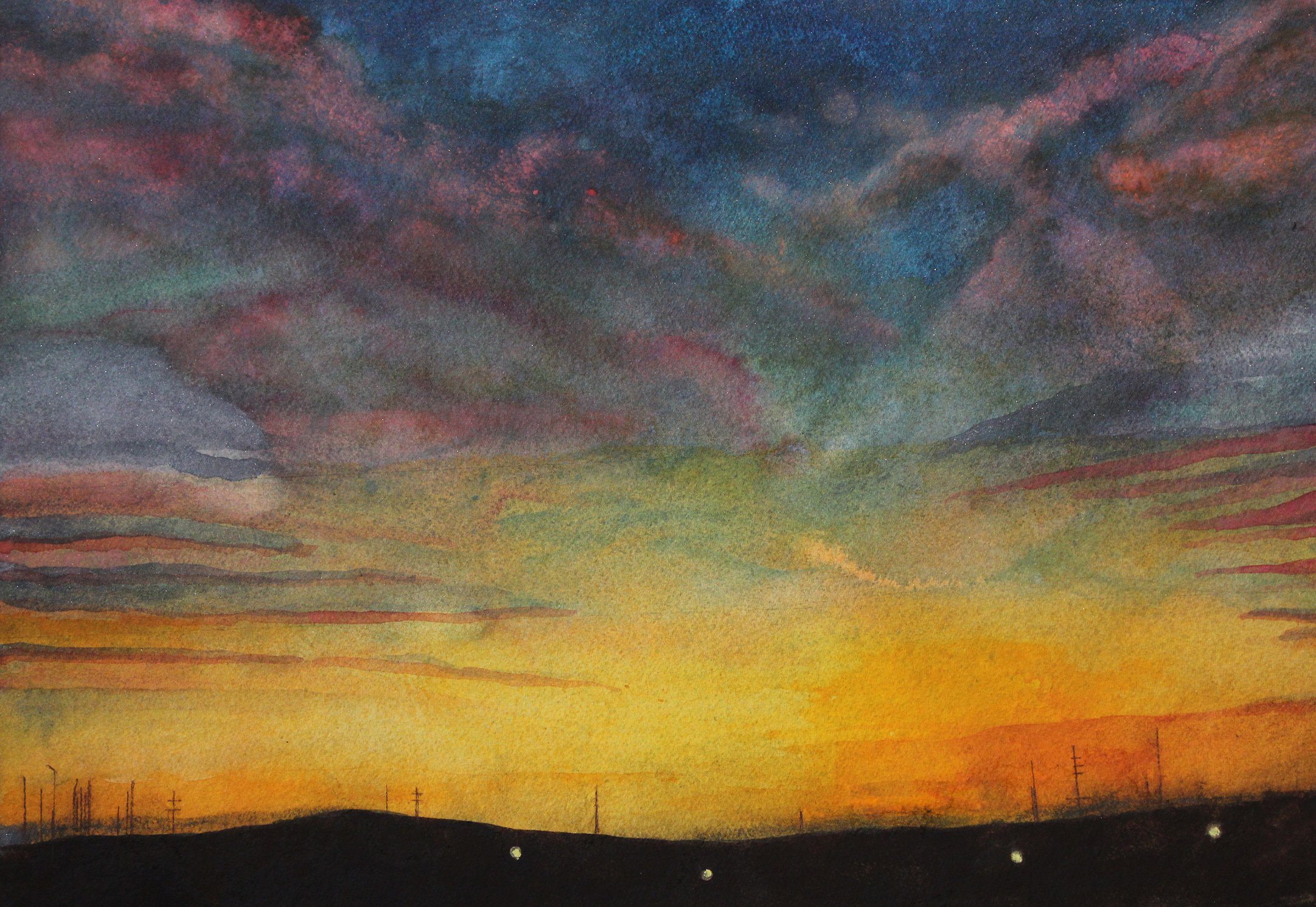 Sarah Longlands; Railroad Sunrise, 2018, Original Printmaking Giclee, 420 x 297 mm. Artwork description: 241 Made from a watercolour from a combination of two photographs one a sunrise seen from a train in Illinois, the other another sunrise seen on the east coast of Scotland. Taken by two friends, nearly on the same day.This is an archival print on 310gsm Canson ...