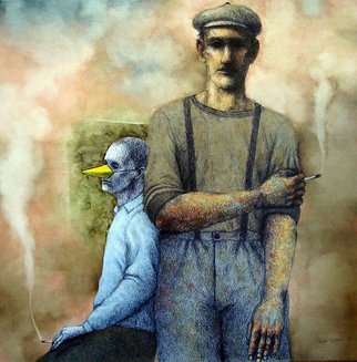 Sasha Tsyganov; Smokers, 2013, Original Mixed Media, 80 x 80 cm. Artwork description: 241        ballpoint pen, oil on canvas       ...