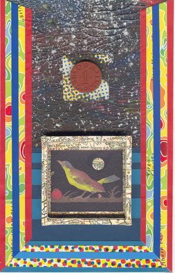 Robert H. Stockton; Night Window, 2008, Original Mixed Media, 9 x 12 inches. Artwork description: 241  This mixed media piece is created from acrylic paint, a variety of different types of paper, and an old transit token.  The bird is enclosed in a small shadow box made from old maps.  The piece is matted in white museum board, and framed in black metal ...