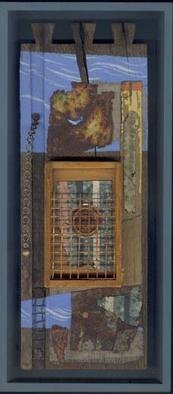 Robert H. Stockton, 'San Andreas Two Step', 1997, original Assemblage, 5 x 11  x 2 inches. Artwork description: 2307 This is a mixed media shadow box piece created from a variety of found objects, including: wire mesh; old linoleum; rusted, painted metal; weathered fabric and wood; and acrylic paint.  The composition floats in a grey shadow box frame. ...