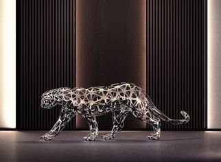 Sebastian Novaky; Leopard No2, 2018, Original Sculpture Steel, 68.5 x 25 inches. Artwork description: 241 Lifesize walking Leopard sculpture, Stainless Steel Leopard sculpture for sale for display Inside Indoors in your House by The Successful Sculptor Sebastian Novaky.  whho adds. . . . . .  Steel statue of a Leopard with is waling smoothly for hunting.  The artist perfectly depicts the balance and stance of the leopard ...