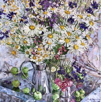 Olga Sedykh; Bouquet Of Daisies, 2020, Original Painting Oil, 60 x 60 cm. Artwork description: 241 Bouquet, Daisies, apple, flowers, bouquet, wildflowers...