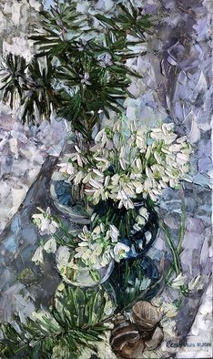 Olga Sedykh; Flowering Winter, 2020, Original Painting Oil, 30 x 50 cm. Artwork description: 241 snowdrop, bouquet, vases, flowers, glass...