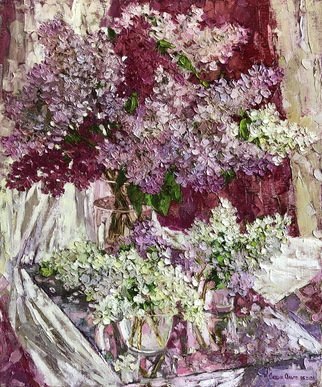 Olga Sedykh; Lilac Magic, 2020, Original Painting Oil, 50 x 60 cm. Artwork description: 241 In these beautiful, sometimes Sunny, sometimes cloudy spring days, flowering continues.  In all places of urban and rural life, large, lush lilac bushes bloom.  They fill the air with a stunning aroma, and the variety of shades is admirable.bouquet, glass vases, Lilac pink, lilac, lush, magic...