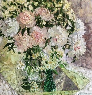 Olga Sedykh; Pivoines Et Gasmin, 2020, Original Painting Oil, 60 x 60 cm. Artwork description: 241 peonies, bouquet, vase, daisies, Jasmin, flowers...