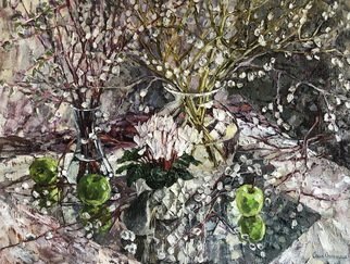 Olga Sedykh; Silvery Bloom, 2020, Original Painting Oil, 80 x 60 cm. Artwork description: 241 green apples, glass vases, Reflection metal, Glitter willow, Flowering willow, hedgehog, Porcelain figurine...