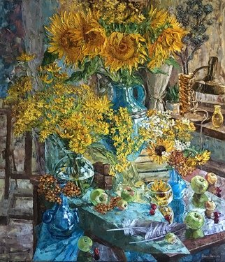 Olga Sedykh; The Sun In The Workshop, 2020, Original Painting Oil, 100 x 115 cm. Artwork description: 241 Sunflowers, Daisies, Apples, Bouquet, Flowers, Floral Painting...