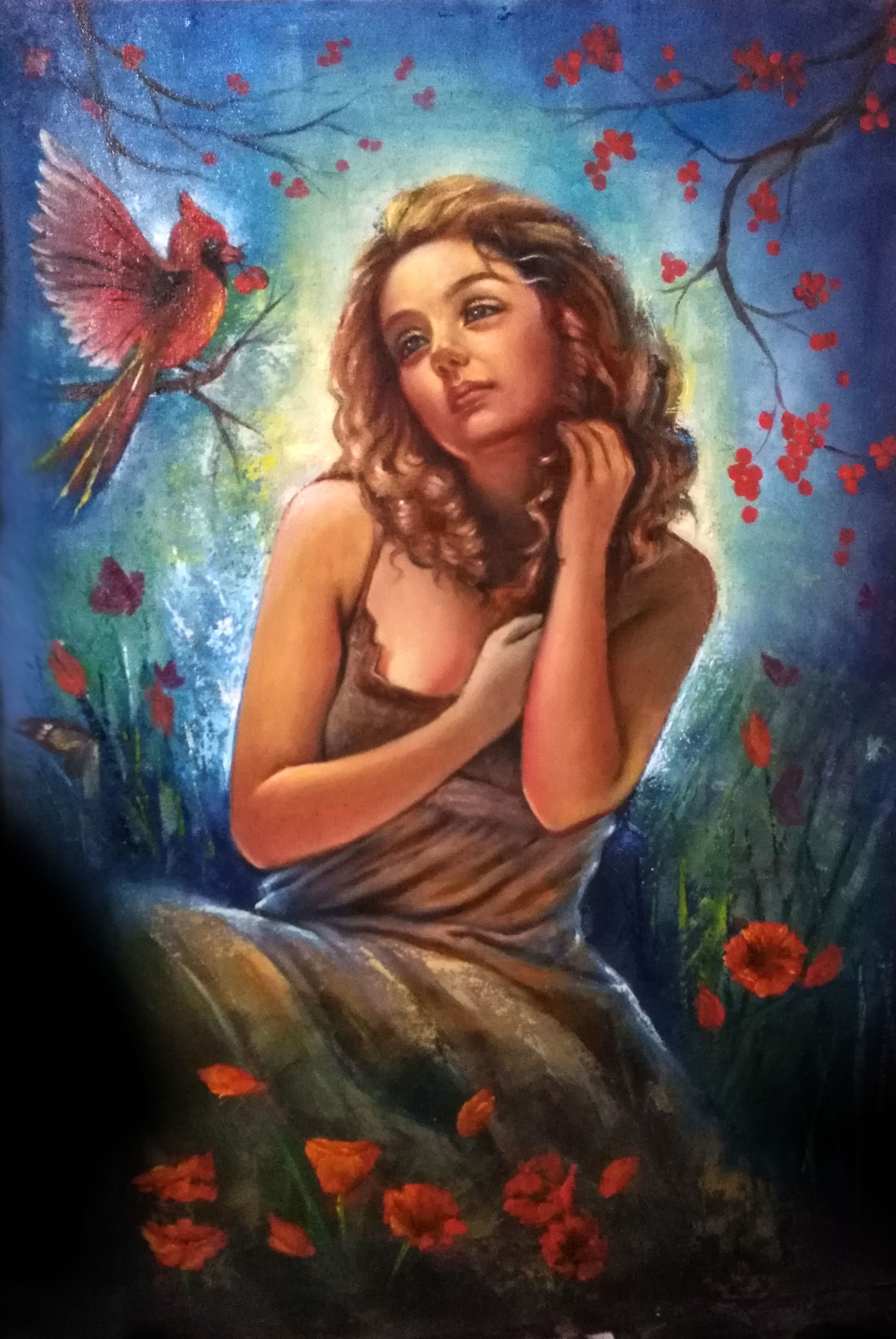 Seema Dasan; Precious Gift, 2021, Original Painting Oil, 20 x 30 inches. Artwork description: 241 Precious GiftBeautiful Artwork, Oil on Canvas, exclusively hand created.  A beautiful girl in a fantasy world of her own with a red cardinal bird, who sensed her emotions and her loneliness comes to her and offers her a gift and whispers that she is not alone ...