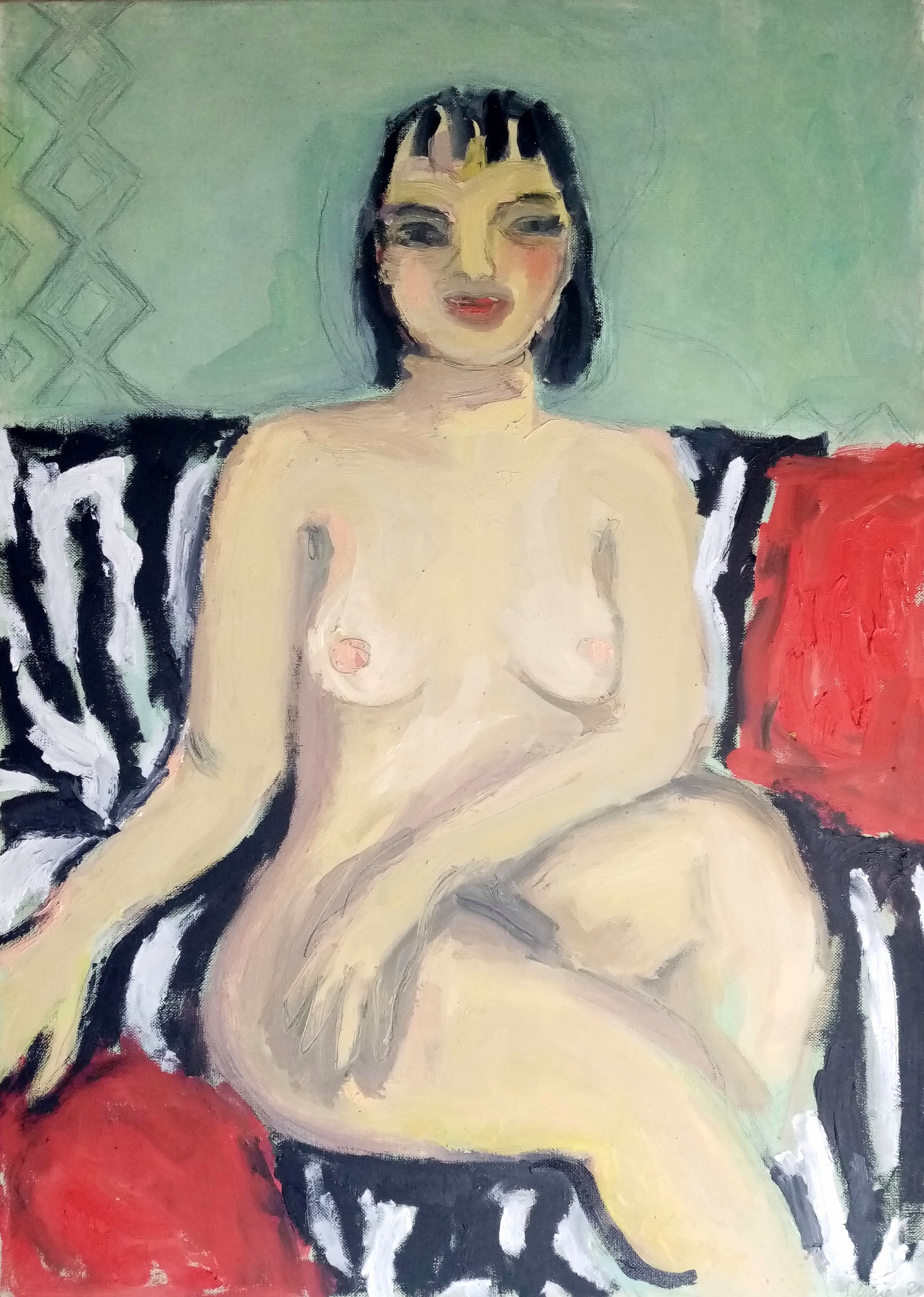 Selenia Bosso; Nude On Zebra Sofa, 2020, Original Painting Oil, 50 x 70 cm. Artwork description: 241 Naked black- haired woman sitting on a black and white striped sofa and red cushions, with aqua green wall background...
