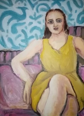 Selenia Bosso; Yellow Dress, 2020, Original Painting Oil, 50 x 70 cm. Artwork description: 241 Portrait of a woman sitting on a pink sofa, in a yellow dress, with a white and blue decorated wall. ...