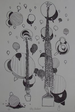 Michael Semsch; Sky Shadows, 2012, Original Printmaking Lithography, 15 x 22 inches. Artwork description: 241  Sky Shadows is a lithography print depicting the two towers across the street from my home, where balloons sometimes fill the sky.   ...