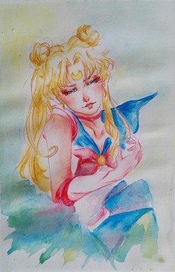 Gabriela Golda; Usagi Tsukino, 2017, Original Watercolor, 14.2 x 21 cm. Artwork description: 241 Watercolor drawing of Usagi Tsukino from Sailor Moon...