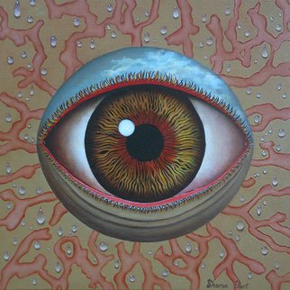 Sharon Ebert; Eye Dew, 2011, Original Painting Oil, 10 x 10 inches. Artwork description: 241  Sharon Ebert, sharonscapes, Eye Dew, surreal, surrealism, oil painting, linen, eye, sky, dew, blue, red, yellow, Fiji, South Pacific, coral ...