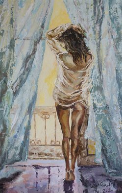 Vyacheslav Shcherbakov; He Came, 2020, Original Painting Acrylic, 40 x 60 cm. Artwork description: 241 He should be here any minute.  Excitement seized, thoughts ran in my head I Think it s him.  I ll go check it out.  She only had time to put on a blouse and walked quickly to the balcony.  She pulled back the curtains, automatically preening herself, ...