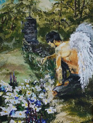 Vyacheslav Shcherbakov; Angel, 2019, Original Painting Acrylic, 33 x 44 cm. Artwork description: 241 An angel at the grave. The painting is drawn on a fiberboard. ...