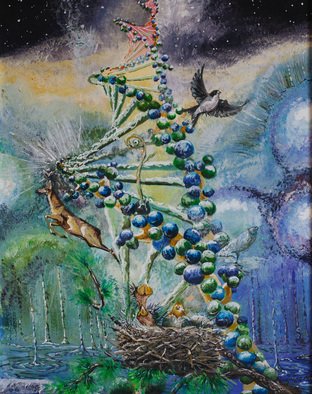 Vyacheslav Shcherbakov; Dna, 2019, Original Painting Acrylic, 40 x 50 cm. Artwork description: 241 Plexus of Eternity.An infinite birth cycle programmed by the creator. Life itself, originating from water, rushes to the stars and is only one earthly form possible in the universe. And the code of this life is recorded and closed. Everything: animal plants, fish, birds  all kingdoms ...