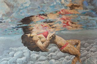 Vyacheslav Shcherbakov; On The Surface Of The Water, 2021, Original Painting Acrylic, 40 x 60 cm. Artwork description: 241 A beautiful woman is swimming in clear water. She plunged into the water like a gentle cradle. Her face is on the surface of the water, she has closed her eyes and the bright sun rays are caressing her skin. Warm, comfortable. Her whole body is relaxed. ...