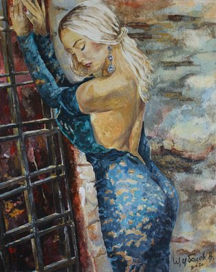 Vyacheslav Shcherbakov; Woman By The Wall, 2021, Original Painting Acrylic, 40 x 50 cm. Artwork description: 241 She does not need a  golden cage . She wants real feelings.The picture is drawn on a fiberboard....