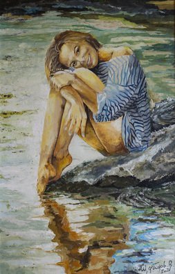 Vyacheslav Shcherbakov; Woman By The Water, 2019, Original Painting Acrylic, 40 x 60 cm. Artwork description: 241 She s wearing a vest, smiling at her lover. She wants to be loved and love. Something dark loomed over her - war. But love also lives in war. Feelings are not drowned out by external circumstances.The picture is drawn on a fiberboard. ...