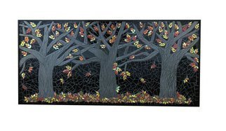 Pauline  Allen; The Fall, 2020, Original Mosaic, 48 x 23 inches. Artwork description: 241 Fall is inspired by the Autumn colour in my own garden and the rural areas of my home county of Northumberland England.  It is made from selected wall and floor tiles.  Thebark has been carved into the trunk and branches to provide some texture and all the ...