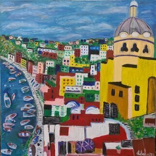 Dan Shiloh; Procida Italy, 2023, Original Painting Acrylic, 100 x 100 cm. Artwork description: 241 Port in Procida Island Naples Italy...